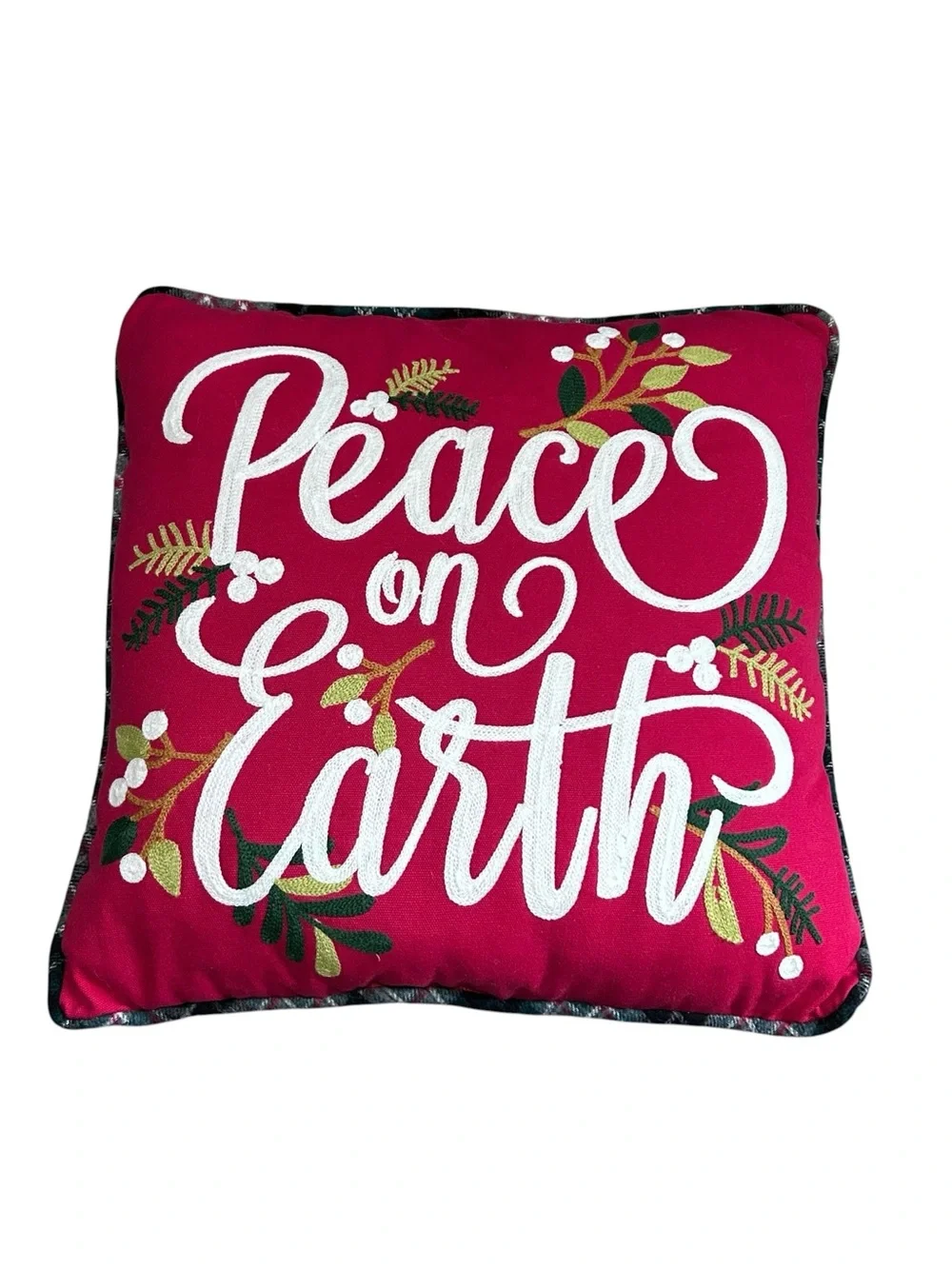 Vintage Embroidered Red Holiday Throw Pillow Peace on Earth